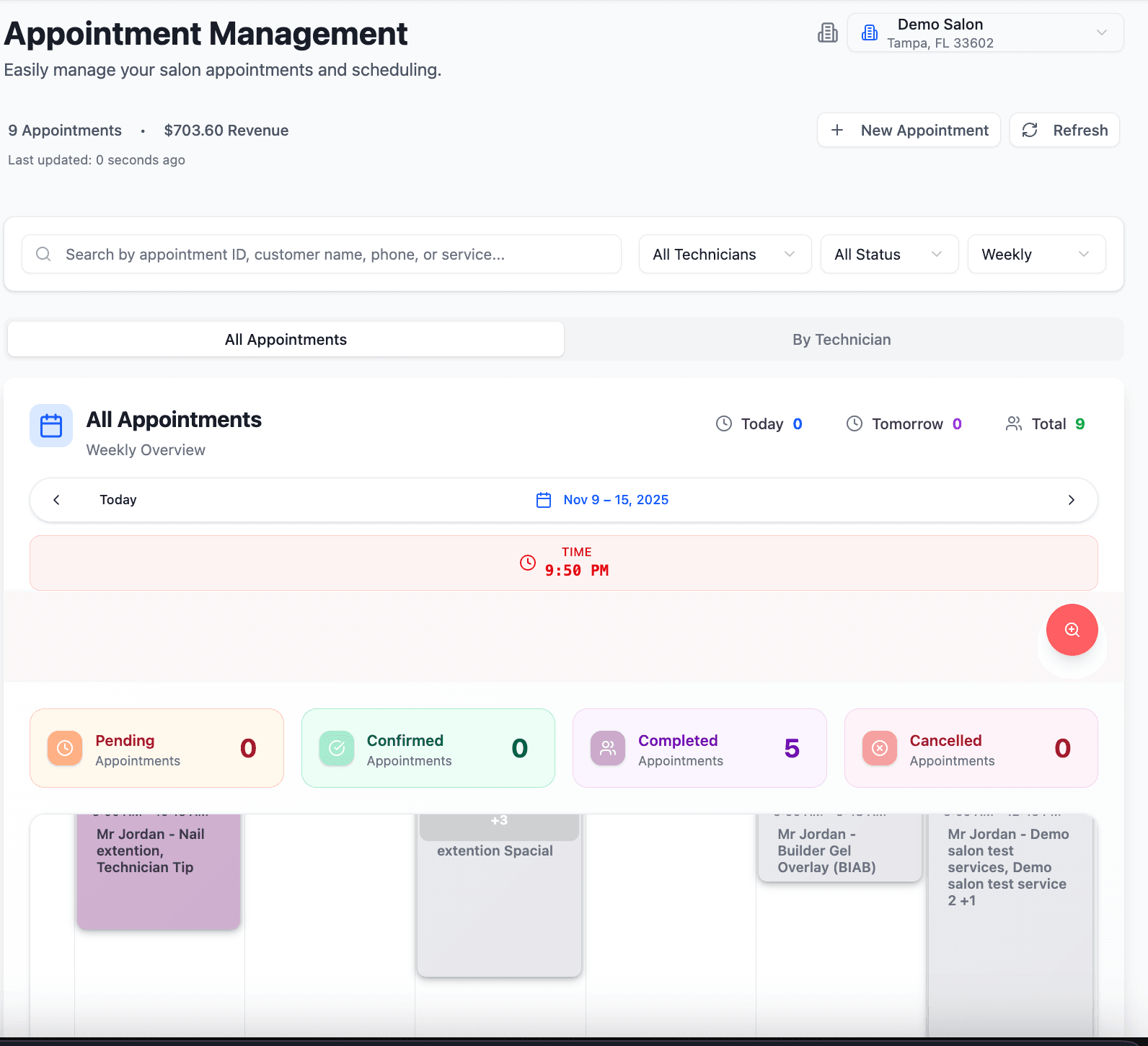 SmartSalon AI salon management dashboard showing appointment bookings and scheduling for nail salons