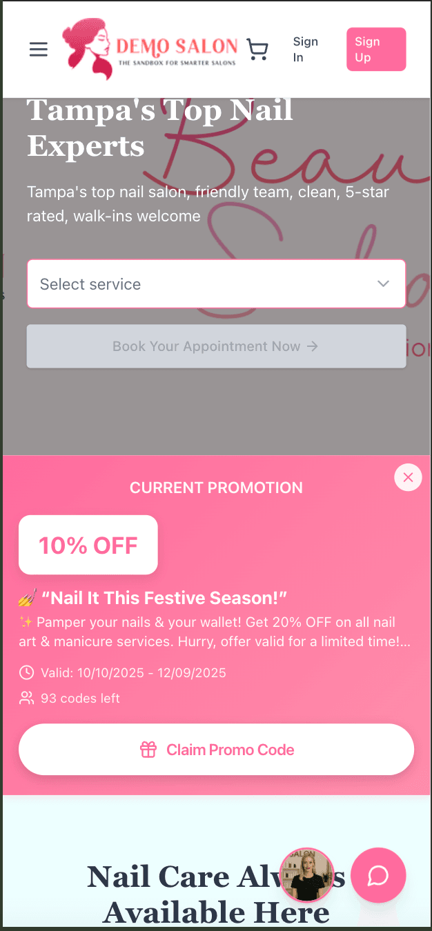 SmartSalon mobile booking interface demo for nail salons and spas